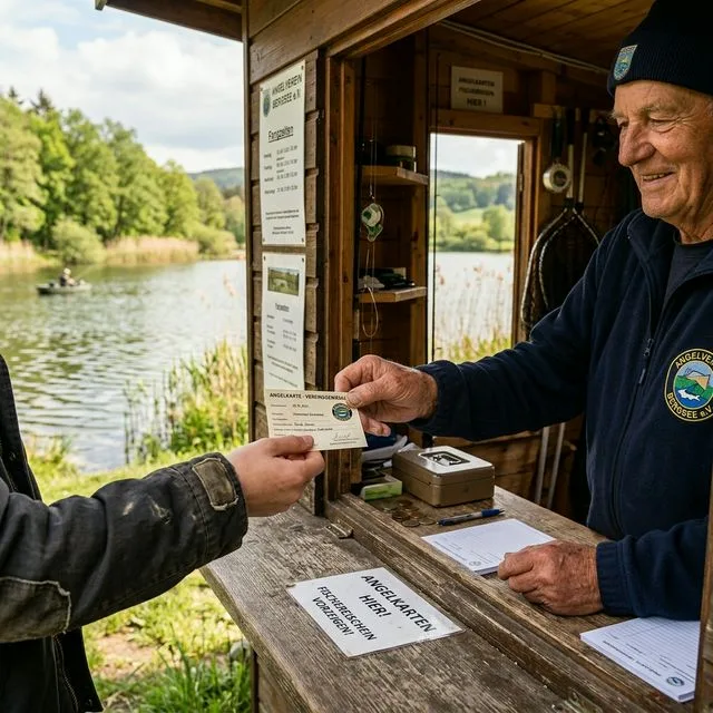 Älterer Vereinswart übergibt eine Angelkarte an einen Angler am hölzernen Kiosk eines Angelvereins, im Hintergrund ein idyllischer See