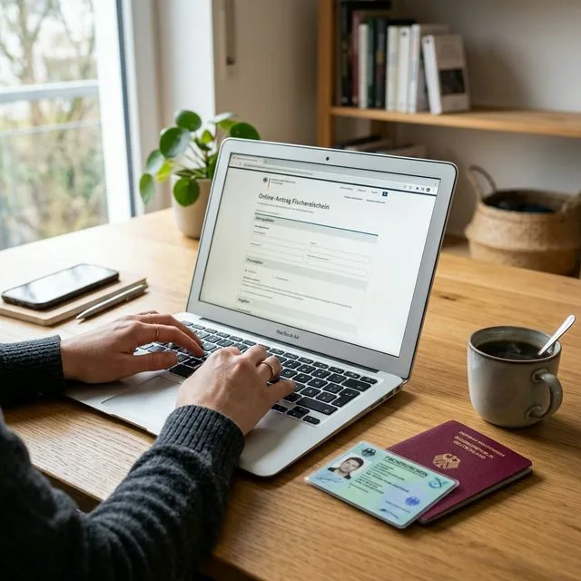 Person beantragt den Fischereischein online am Laptop, Bildschirm zeigt das Online-Antragsformular, Fischereischein und Reisepass liegen daneben auf dem Schreibtisch