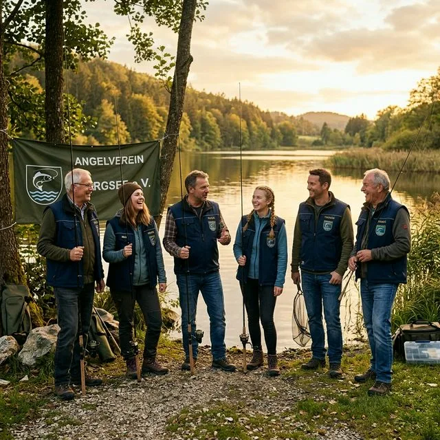 Sechs Mitglieder eines deutschen Angelvereins in Vereinswesten stehen bei Sonnenuntergang lachend am Seeufer, Angelruten in der Hand, Vereinsbanner im Hintergrund