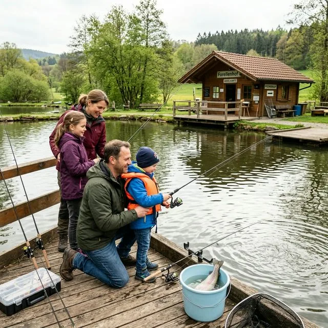 Familie mit zwei Kindern angelt gemeinsam an einem gepflegten Forellenteich in Deutschland, Regenbogenforelle im Eimer, Holzhütte und grüne Landschaft im Hintergrund
