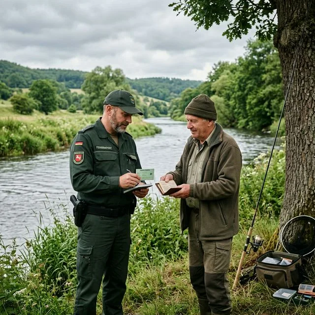 Fischereiaufseher in dunkelgrüner Uniform kontrolliert den Fischereischein eines Anglers am Flussufer in einer ländlichen deutschen Landschaft