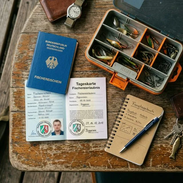 Flat-Lay: Deutscher Fischereischein und Tageskarte Fischereierlaubnis auf Holztisch neben geöffneter Köderbox und Fangtagebuch