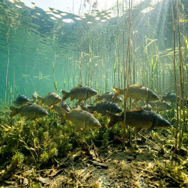 Unterwasseraufnahme: Karpfenschwarm schwimmt während der Frühjahrs-Laichzeit durch Schilf und Wasserpflanzen in einem deutschen Süßwassersee