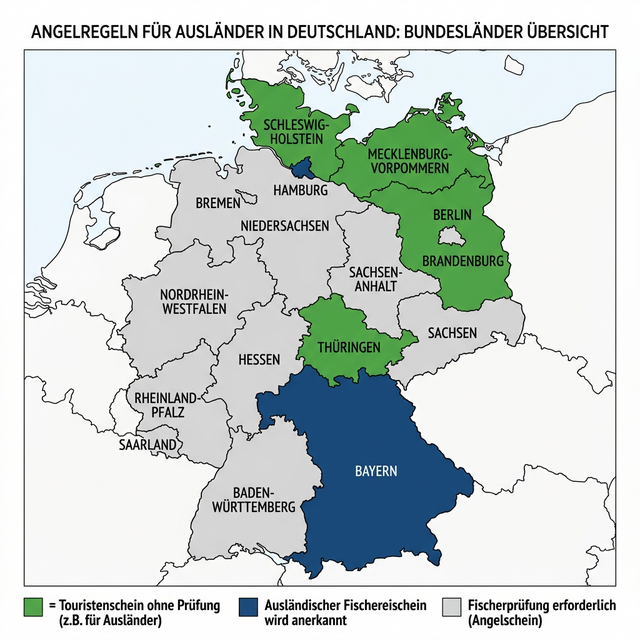 Karte von Deutschland mit drei Kategorien für ausländische Angler: 4 Bundesländer (grün) mit Touristenschein ohne Prüfung, 2 Bundesländer (blau) mit Anerkennung ausländischer Scheine, 10 Bundesländer (grau) mit Prüfungspflicht