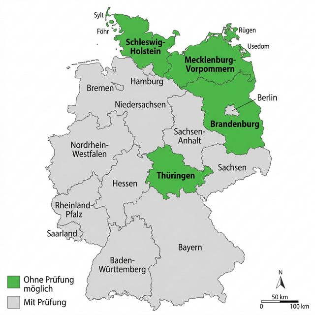 Karte von Deutschland mit den 4 Bundesländern, in denen das Angeln ohne Fischerprüfung möglich ist: Brandenburg, Mecklenburg-Vorpommern, Schleswig-Holstein und Thüringen sind grün hervorgehoben