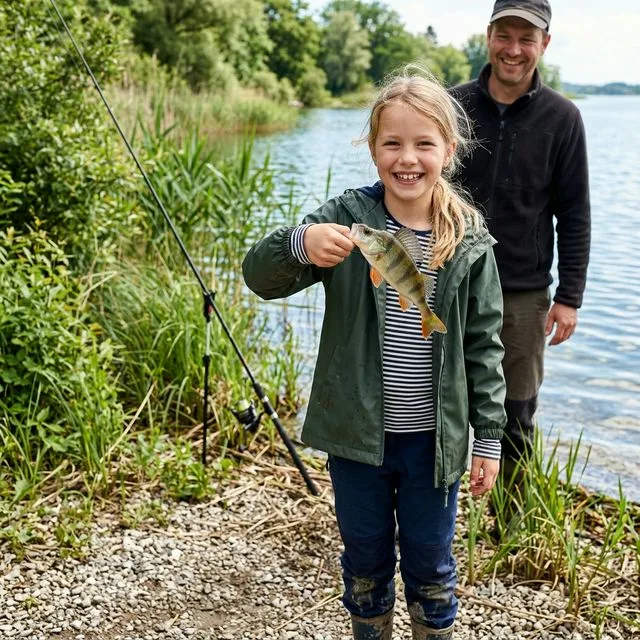 Stolzes Mädchen präsentiert ihren ersten gefangenen Flussbarsch am Seeufer, Vater steht lächelnd im Hintergrund