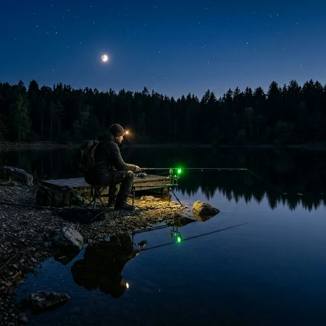 Nachtangler am ruhigen Waldsee bei Mondschein mit Stirnlampe und grün leuchtenden elektronischen Bissanzeigern auf dem Rod Pod