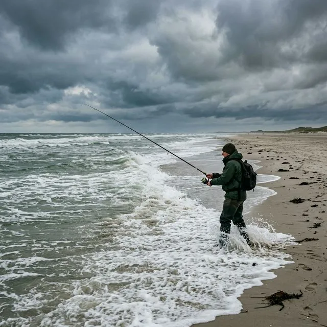 Angler beim Brandungsangeln an der stürmischen deutschen Nordseeküste mit Brandungsrute in der Brandung — freier Fischfang ohne Angelkarte