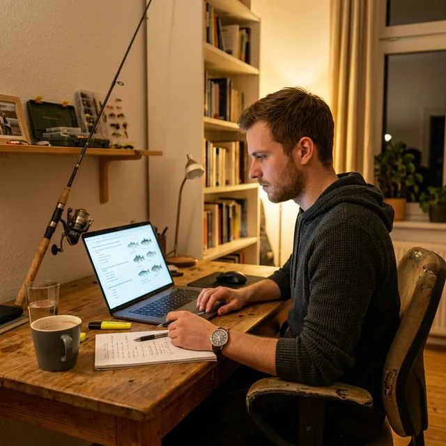 Junger Mann lernt am Schreibtisch für die Fischerprüfung mit Laptop, auf dem Bildschirm Fischarten-Illustrationen, Angelrute lehnt an der Wand, Lernnotizen und Kaffeetasse auf dem Tisch
