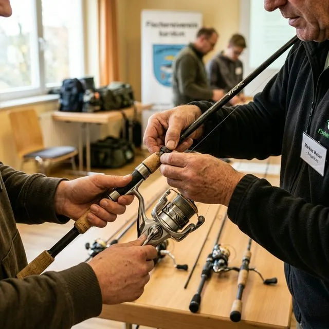Praxistag der Fischerprüfung: Teilnehmer lernt unter Anleitung das Zusammenbauen einer Angelrute mit Stationärrolle