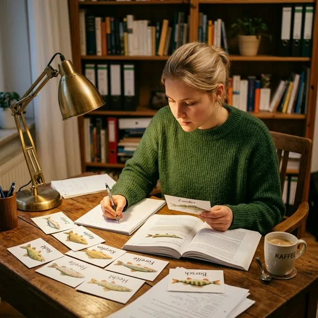 Angehende Anglerin lernt für die Fischerprüfung am Schreibtisch mit Fisch-Karteikarten, Lehrbuch und Schreibtischlampe