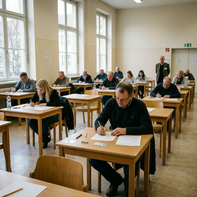 Prüflinge bei der schriftlichen Fischereiprüfung in einem deutschen Prüfungsraum mit Einzeltischen und Aufsichtspersonen