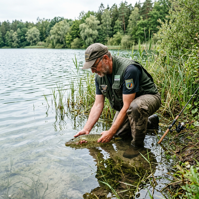 Angler setzt einen untermaßigen Hecht schonend am Seeufer zurück — waidgerechtes Angeln in der Schonzeit