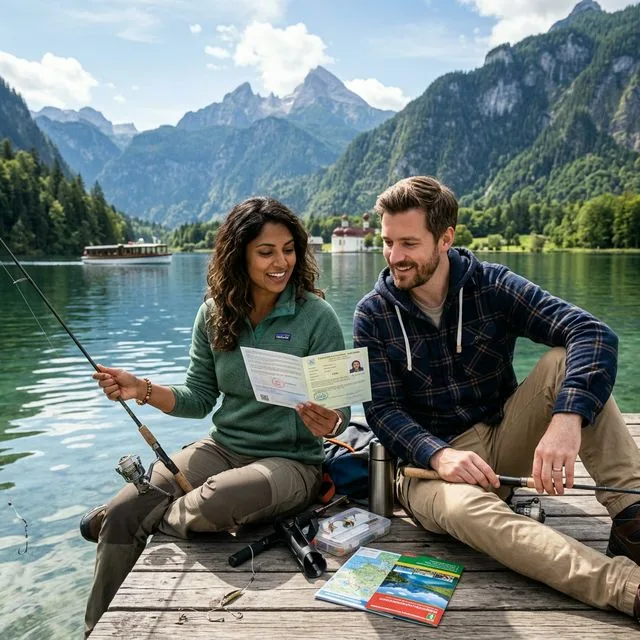 Internationales Touristenpaar sitzt auf einem Holzsteg an einem bayerischen Bergsee, angelnd und eine Fischereigenehmigung prüfend, majestätische Alpenkulisse im Hintergrund