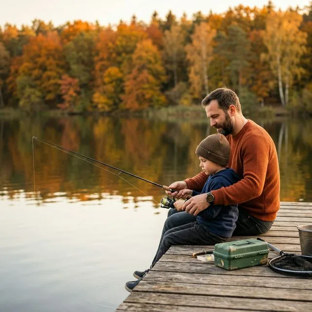 Vater und Sohn angeln gemeinsam auf einem Holzsteg an einem ruhigen See bei goldener Herbststimmung — der Vater führt die Hände des Kindes an der Angelrute
